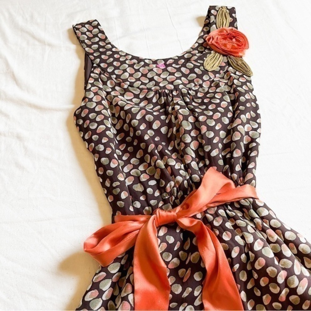 Women’s Unique A-Line Brown and Orange Polka Dot Midi Dress